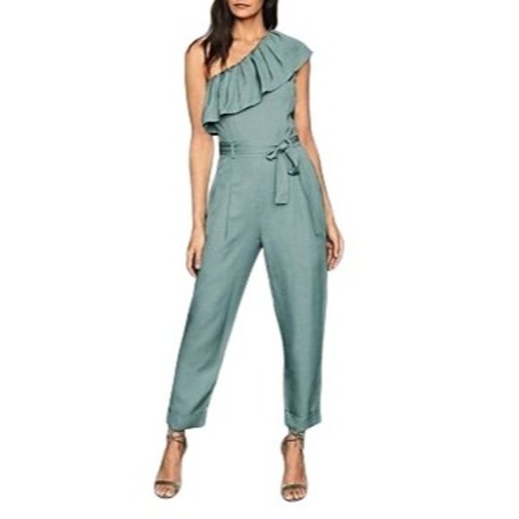 REISS Madeline Ruffled One Shoulder Frill Jumpsuit in Green - NWT - Size 0 - Picture 5 of 5